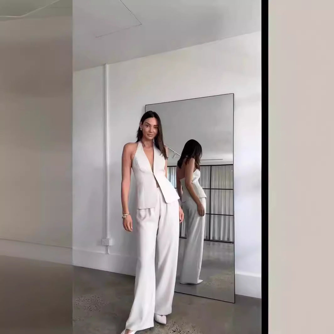 Dam Långa Byxor Ärmlös Design Högkvalitativt Tyg-6