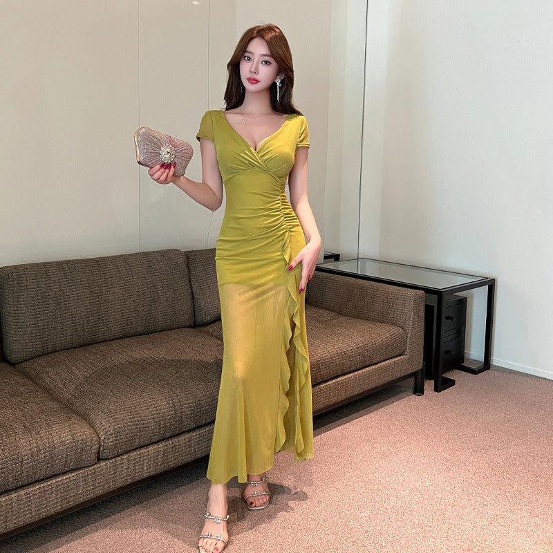 Damklänning Delad Fransnätverk Design Polyester Elastan-1