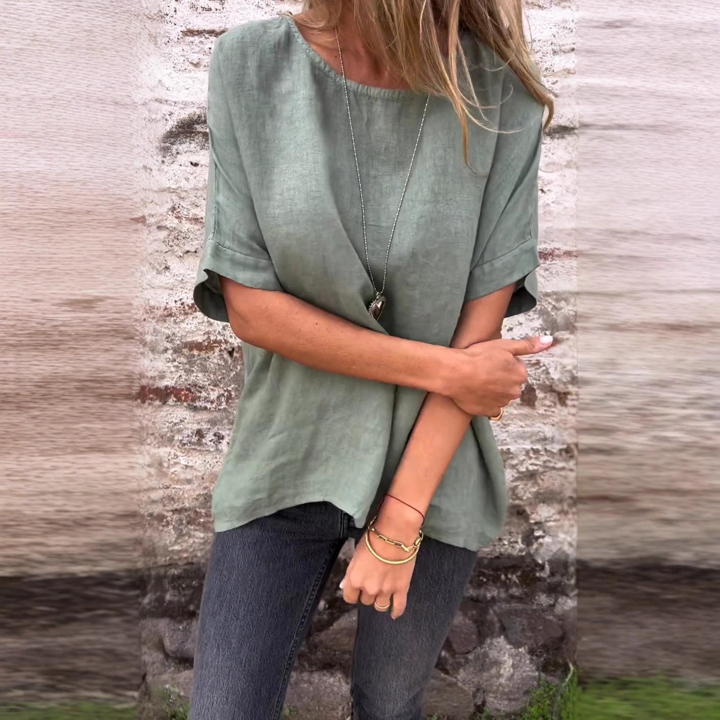 Dam T-shirt Löst Snitt Halv Ärmar Bomull-4