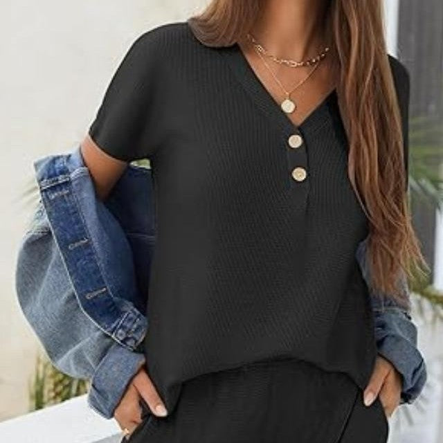 Dam Våffla Tygloungewear Set Avslappnad V-ringning Shorts-2