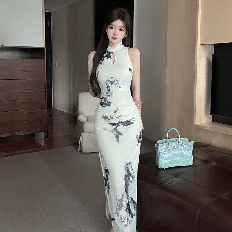 Kvinna Cheongsam Klänning Bodycon Polyester med Hög Slits-2