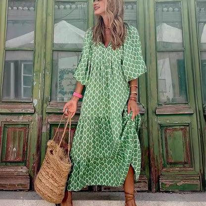 Lång Klänning för Kvinnor A-linjeformad med V-ringning och Puffärmar i Polyester – Elegant och Trendig, Storlek S-3XL 2