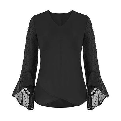 Långärmad Blus för Dam med V-hals och Rynkningsfri Polyester – Elegant Svart Blus med Raglanärmar 4
