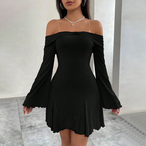 Kvinnors Miniklänning Off-Shoulder Ruffles Stretch Material 1
