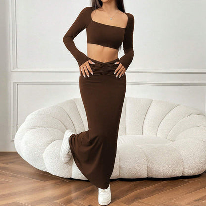 Dam Två Delar Set Kort Topplång Kjol Polyester för Sommarkläder-4