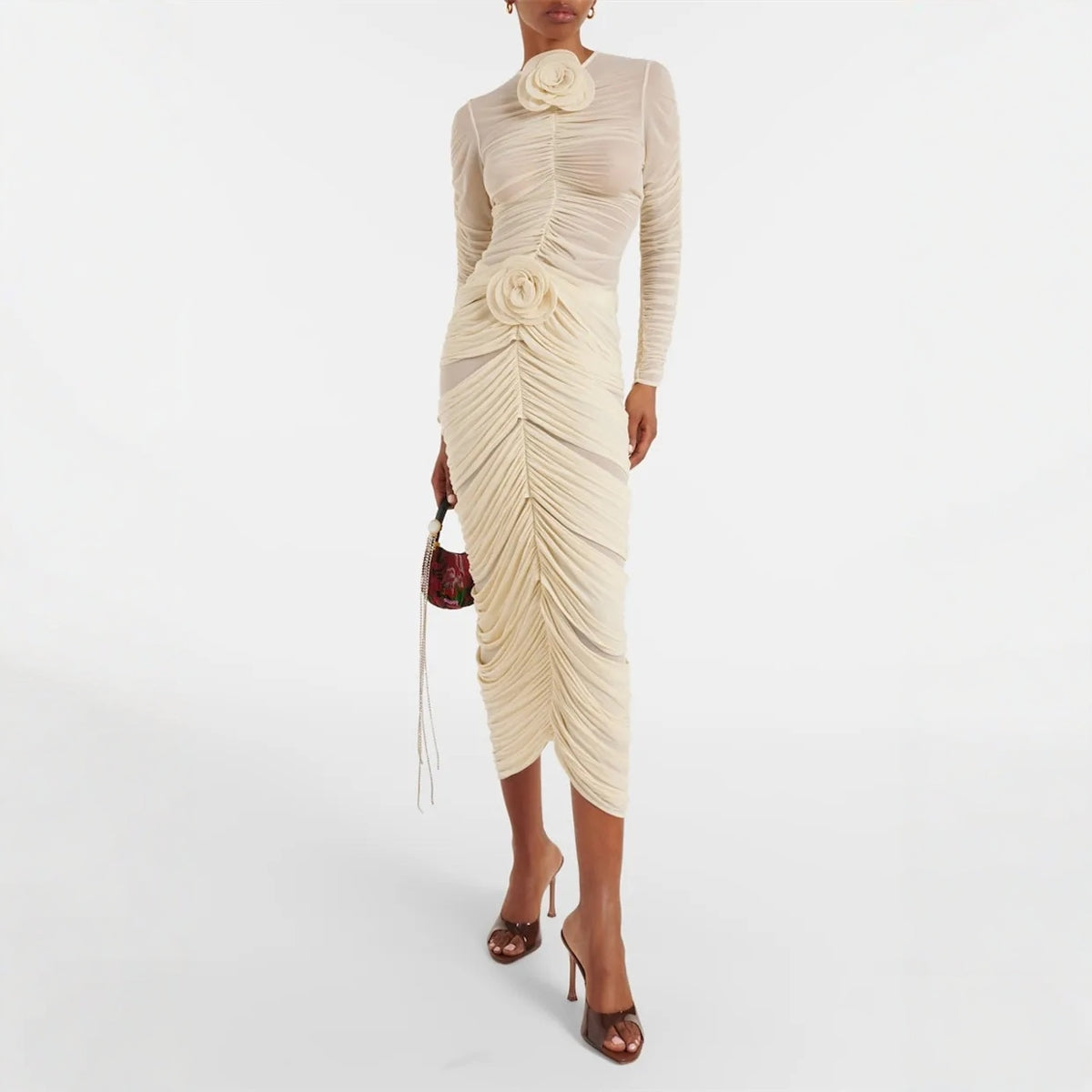 Damklänning Midi Tredimensionell Blommig Design Högkvalitativt Tyg-2