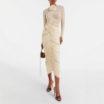 Damklänning Midi Tredimensionell Blommig Design Högkvalitativt Tyg-2