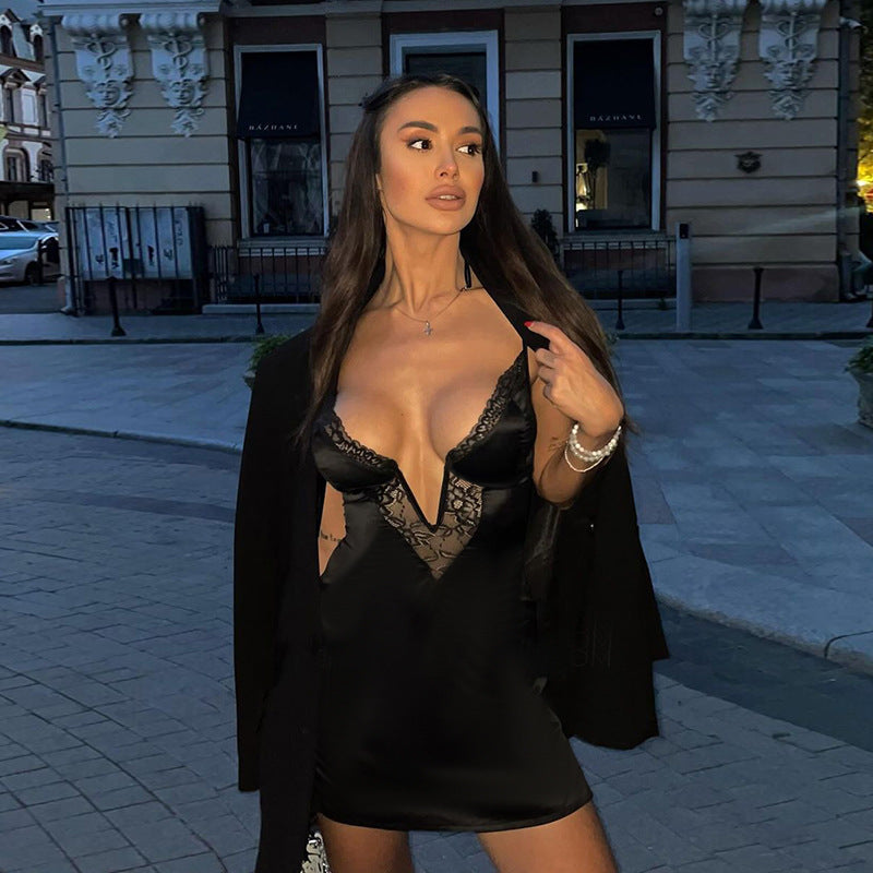 Kvinnlig Glittrig Miniklänning med Spets Detaljer Elastiskt Material-4