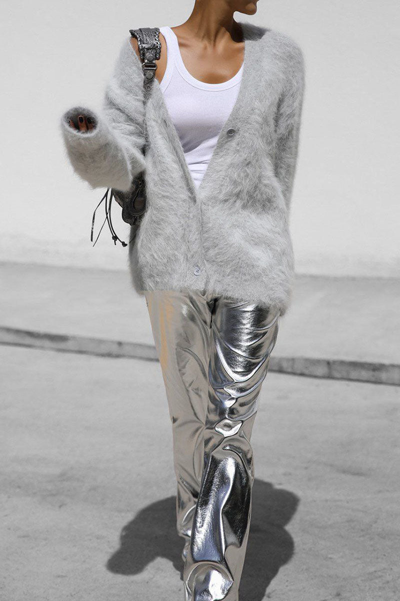 Dam Lång Kofta Cardigan V-ringning Plysch-4