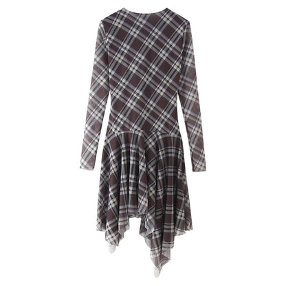 Dam Klänning Asymmetrisk Rutig Silke-Mesh Midi Long Sleeve-5