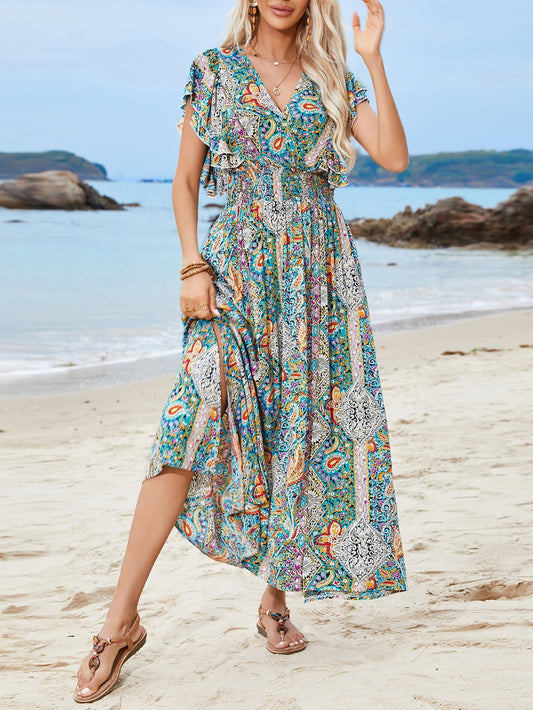 Kvinnors Maxiklänning Bohemisk Stil Kort Ärmar A-linjeformad Polyester-1