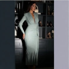 Fina Dam Klänningar Lång V-Hals Slim Fit Metallisk Tryckt Tyg-2