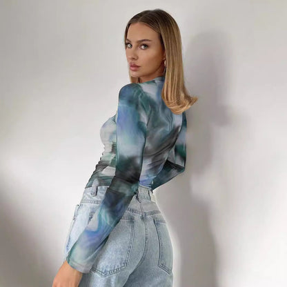 Långärmad T-shirt Dam Tryckt Mesh Slim Fit-3