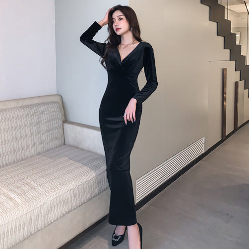 Fina Dam Klänningar Långärmad Bodycon V-Hals Polyester-1