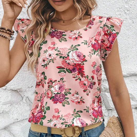 Dam Skjorta Blommönstrad med Rüschen i 100% Polyester-1