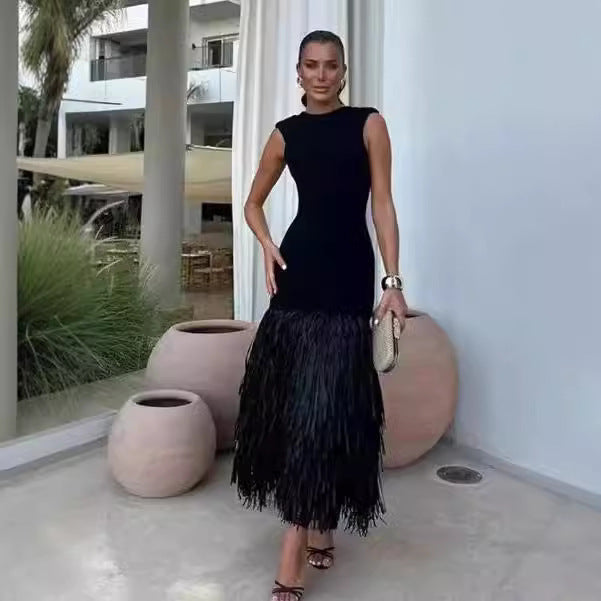 Dam Långklänning med Fransar och Strukturerad Yta för Fest, Elastiskt Tyg-2