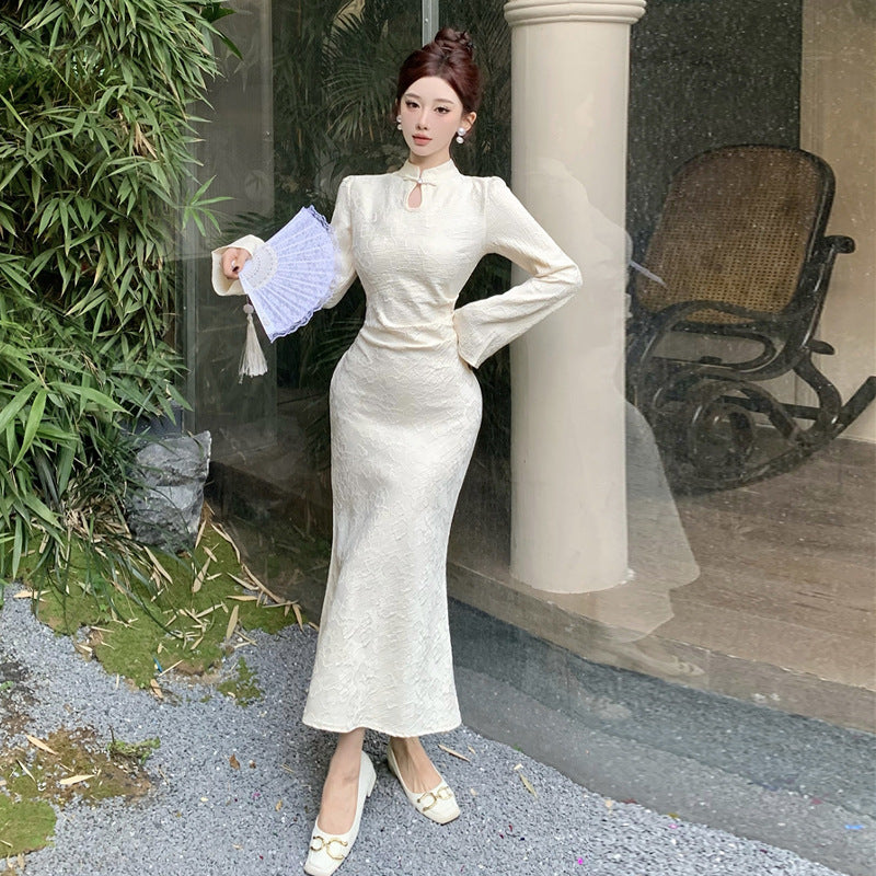 Kvinna Lång Klänning Sjöjungfru Stil Ståkrage Högkvalitativt Tyg-3