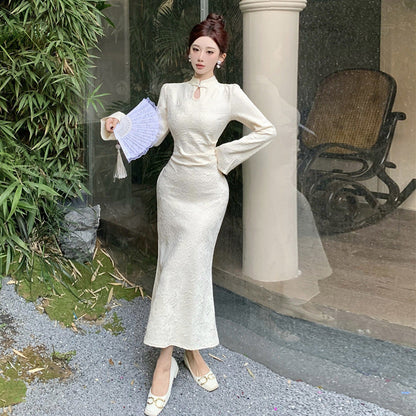 Kvinna Lång Klänning Sjöjungfru Stil Ståkrage Högkvalitativt Tyg-3