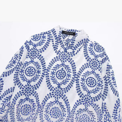 Dam Skjorta Broderad Långärmad 100% Bomull Cardigan-3