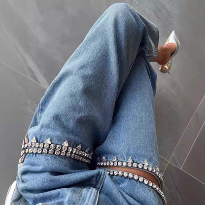 Dam Jeans Rak Snitt Polyester med Hål-2