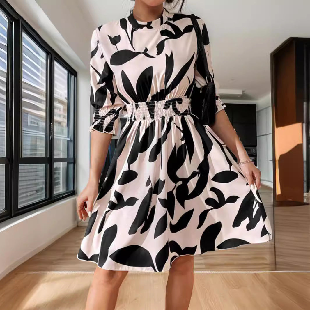 Damklänning A-Linjeformad Blommönster Polyester Tre Fjärdedelar Ärmar 2