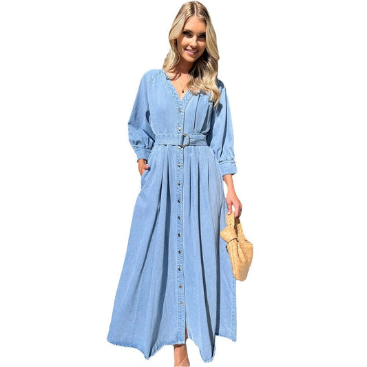 Kvinna A-Line Klänning V-Neck Puffärmar Denim-1