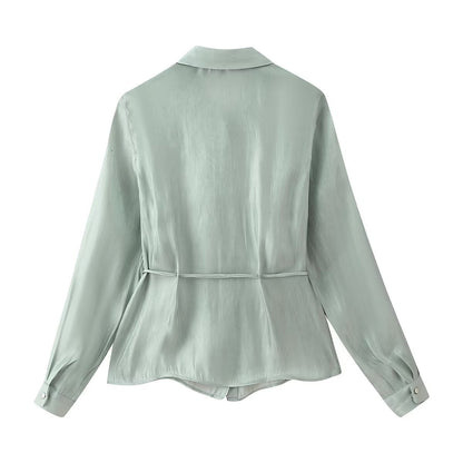 Dam Skjorta med Snörning och Glänsande Effekt i Polyester-3