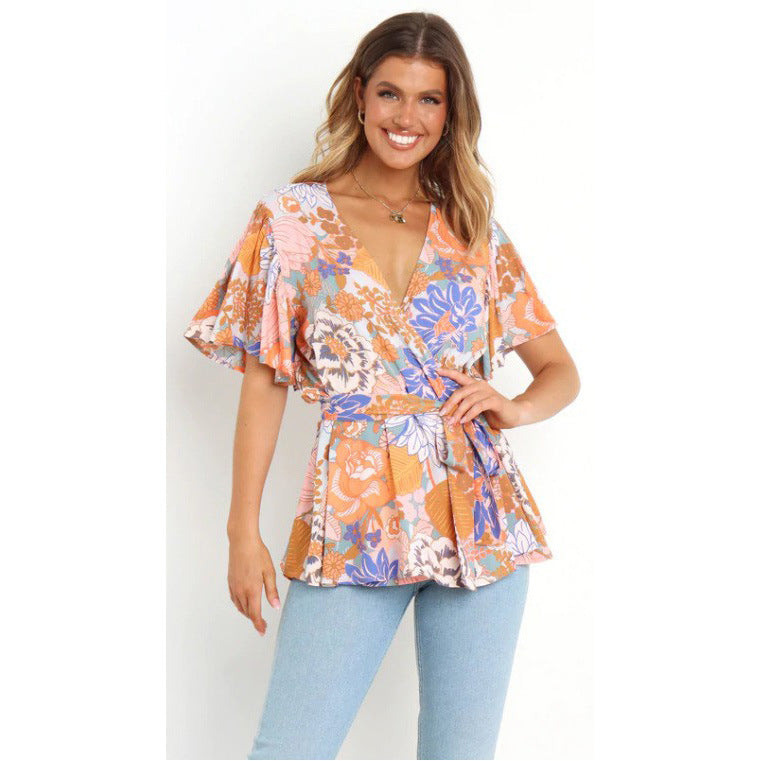 Dam V-ringad Topp Tryckt Polyester Loose Fit-2