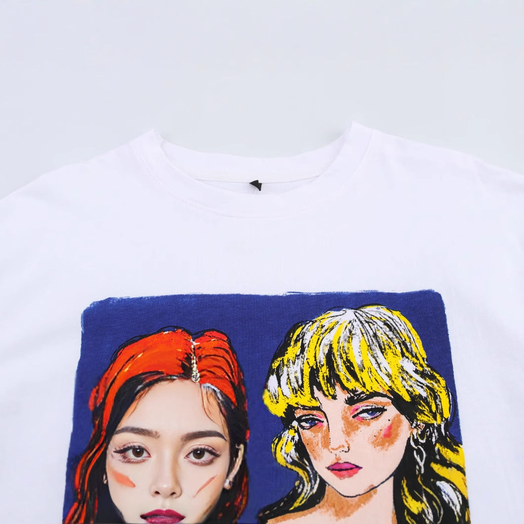 Dam T-shirt Avslappnad Bomull med Konstnärligt Tryck-3