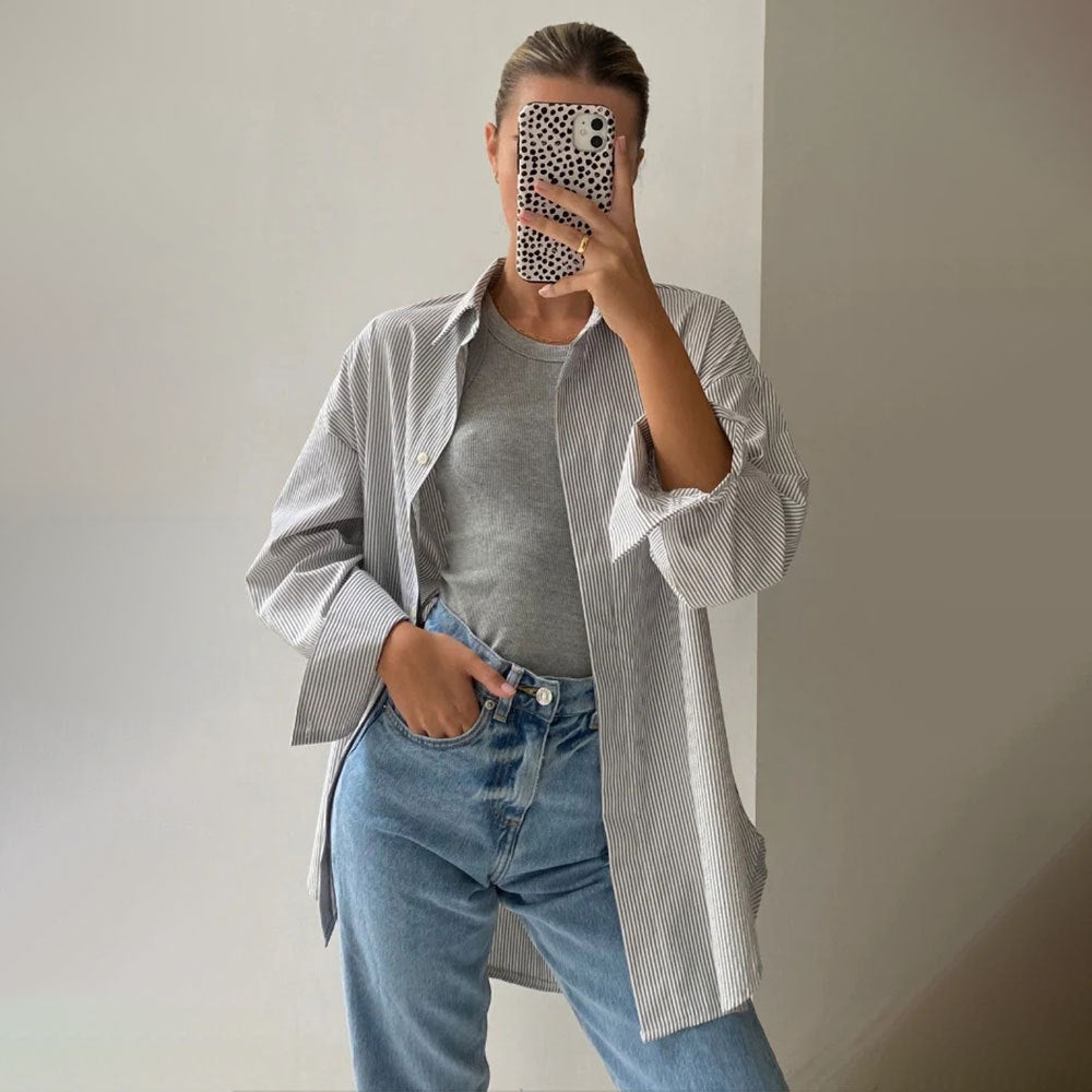 Löst Randig Kofta för Kvinnor i Mjuk Bomull – Ljusgrå och Blå, Storlek S-M-L 3