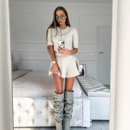 Dam Stickad Klänning Halvlängdärmar Mjuk Tyg med Dekorativa Knappar 3