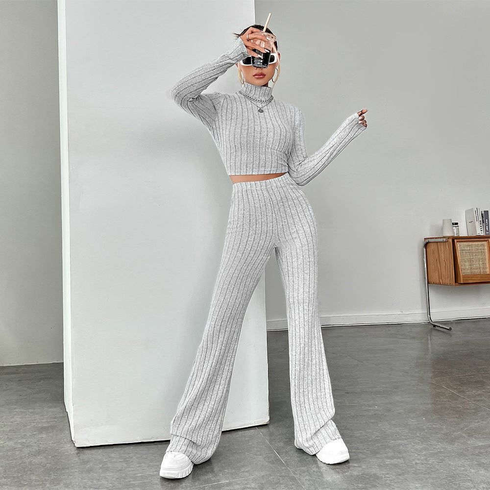 Tvådelat Set Dam med Långärmad Top och Vida Byxor i Ribbat Material – Elegant och Bekväm Stil 1