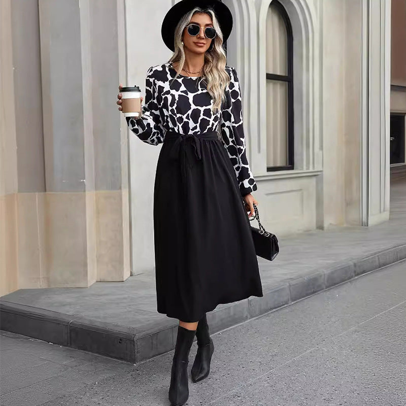 Variant image for Dam A-linjeklänning Leopardmönster Midi Långärmad Vävt Tyg-1