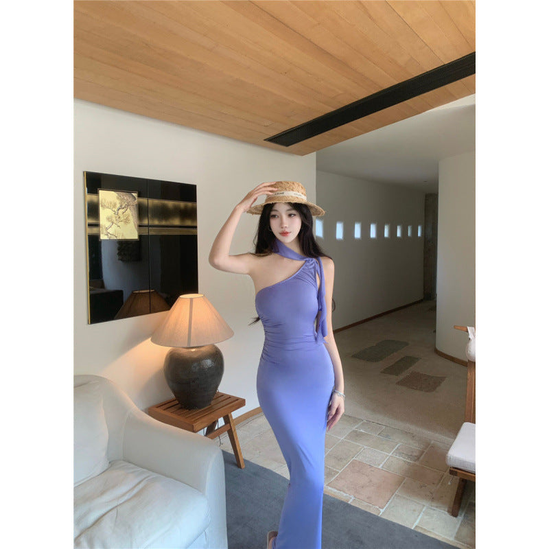 Kvinnors Lång Klänning Asymmetrisk Axeldesign Polyester Elastan-4