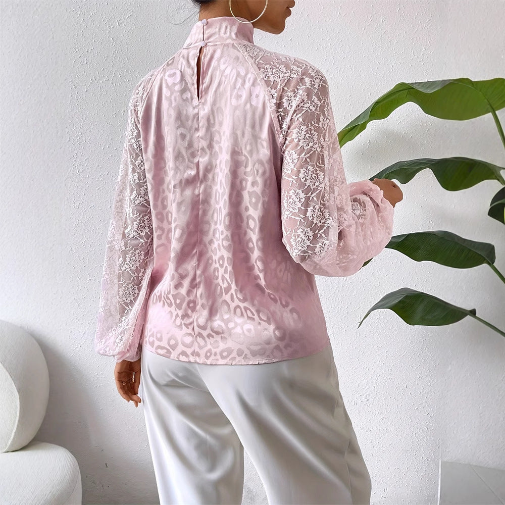 Kvinnors Blus Transparenta Spetsärmar Ståkrage Lätt Tyg 3