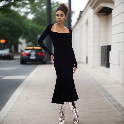 Kvinnors Lång Klänning Fyrkantig Halsringning A-Line Enstycke-1