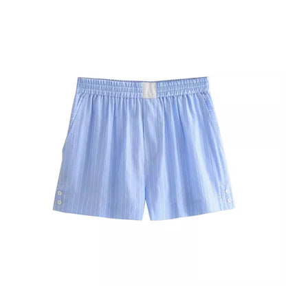 Tvådelat Set Dam Kortärmad Skjorta och Shorts Vävt Tyg Randig Design-5