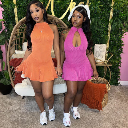 Damklänning Slim-Fit Ärmlös Ribbad Spandex Minikjol-2