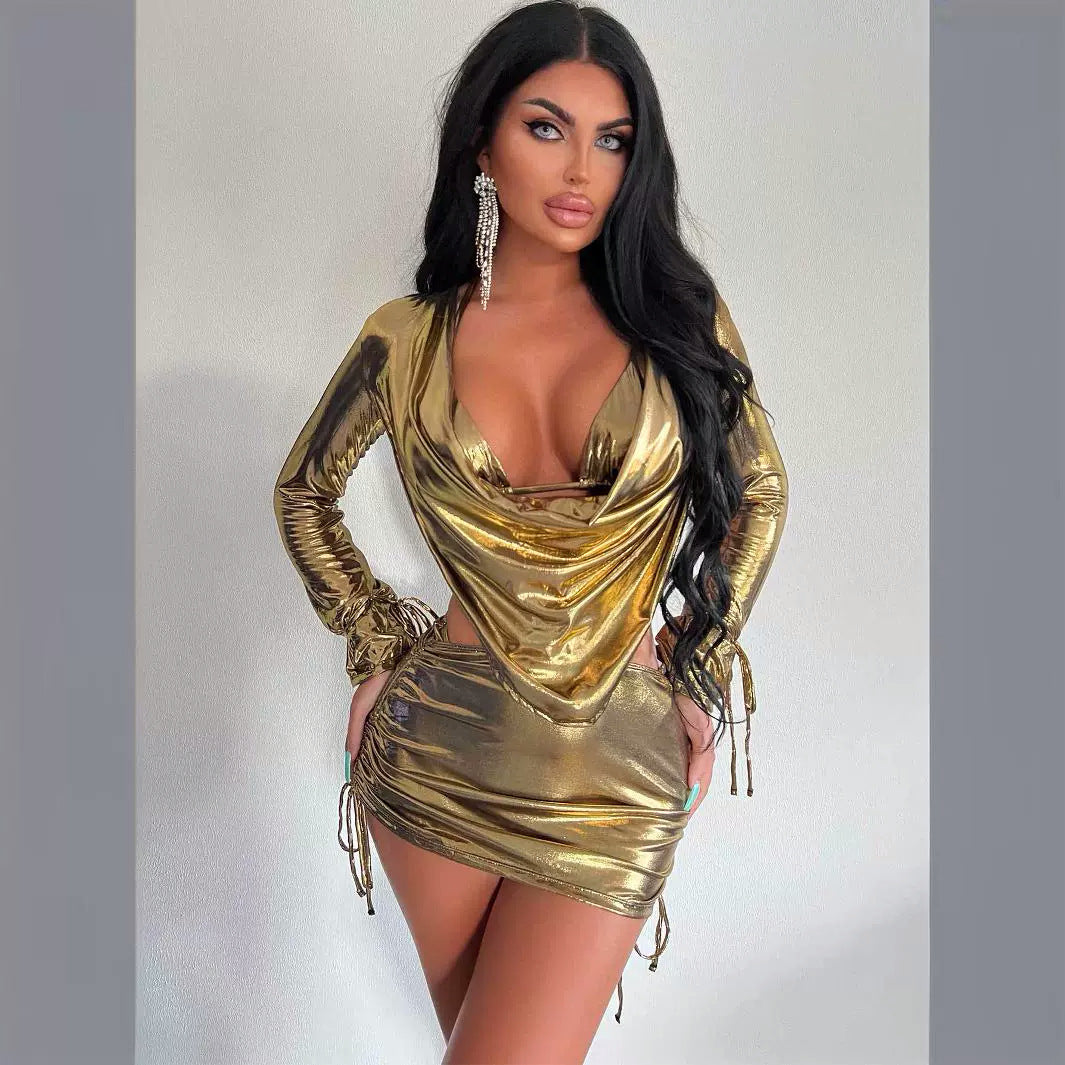 Kvinnors Glittrig Miniklänning Djup V-ringning Metallisk Polyester 4