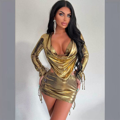 Kvinnors Glittrig Miniklänning Djup V-ringning Metallisk Polyester 4