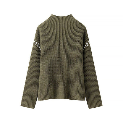 Dam Stickad Tröja Hög Krage Ribbad Bomull-1