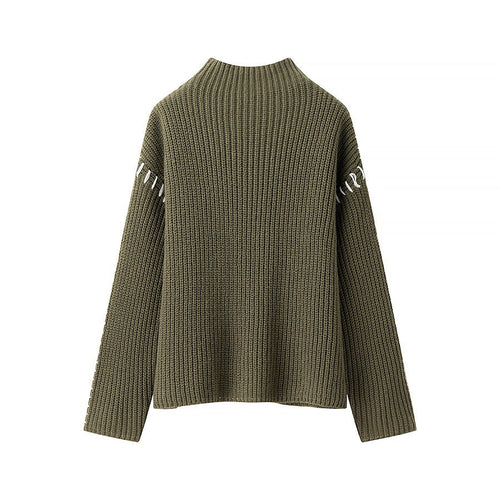 Dam Stickad Tröja Hög Krage Ribbad Bomull-1