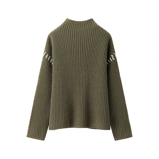 Dam Stickad Tröja Hög Krage Ribbad Bomull-1