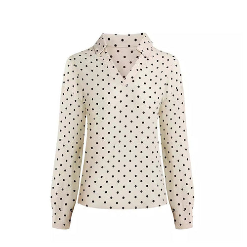 Kvinnors Långärmad Skjorta Punktmönster Polyester V-Ringning-1