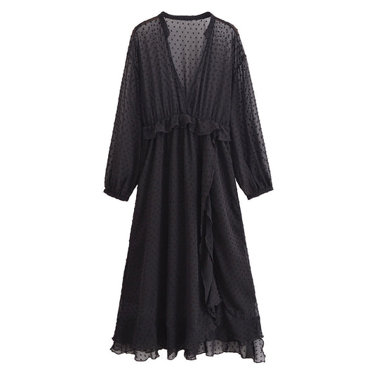 Dam Klänning Djup V-ringning Polka Prickar Split Kjol Polyester-1