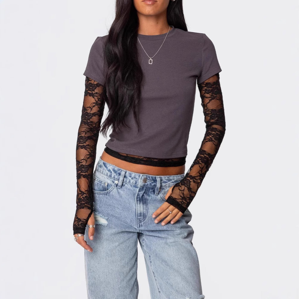 Långärmad T-Shirt Dam Rundhals Polyester Trendig Splicering-5