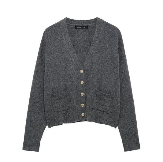 Dam Strickjacka Monokrom V-ringad 100% Akryl-1