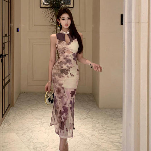 Dam Qipao Klänning Lång Ärmlös Polyester Patchwork-1