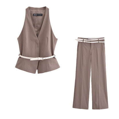 Dam Set Ärmlös Topp Randiga Byxor Polyester-2