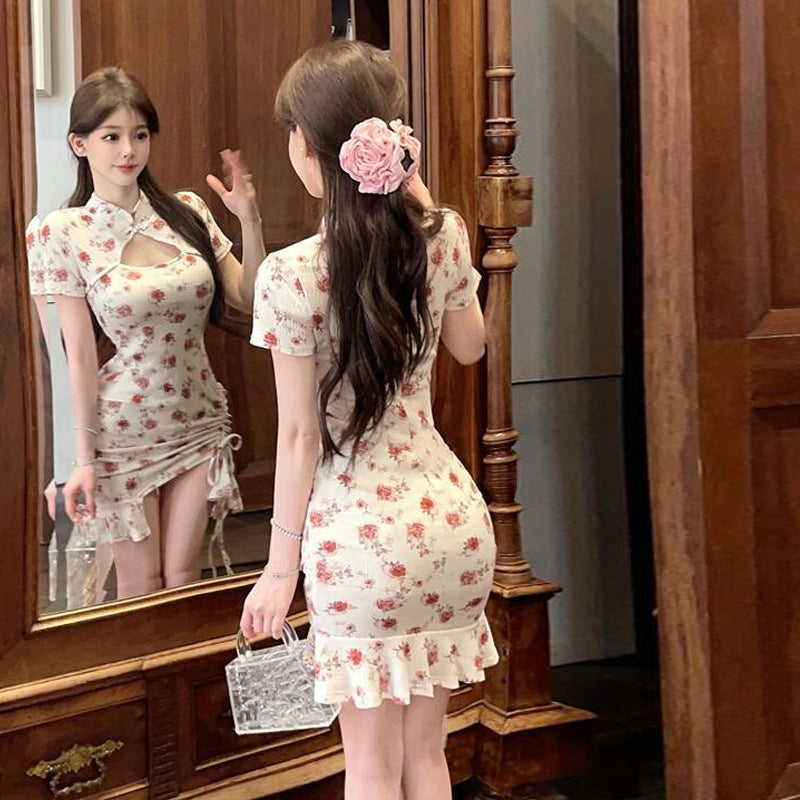 Kvinna Kort Kjol Blommig Design Kristallbomull med Låg Slits och Dubbel Krage 4